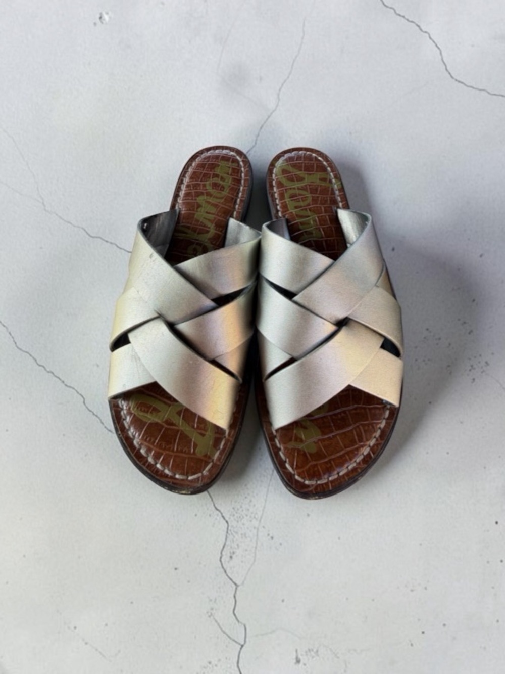 Sam Edelman Metallic Silver Crisscross Slide Sandals